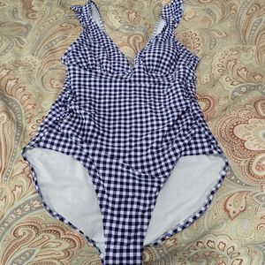 Blue and white gingham one piece swimsuit